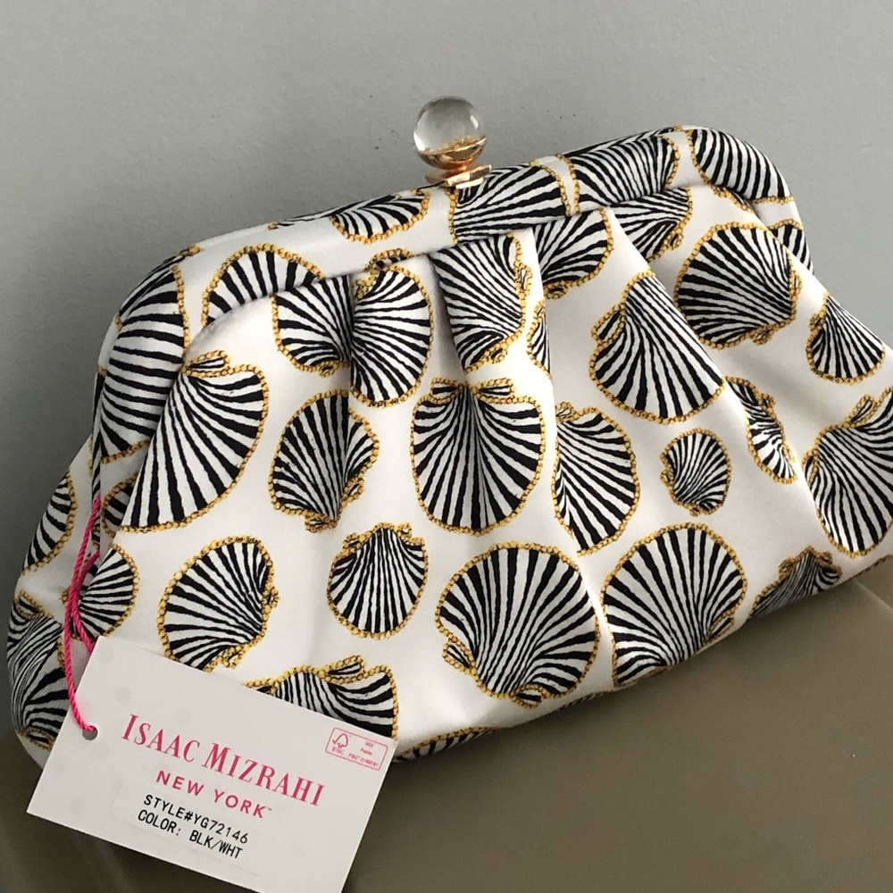 Isaac Mizrahi Satin Shell Print Clutch detachable chain New tags 10 X 6 in